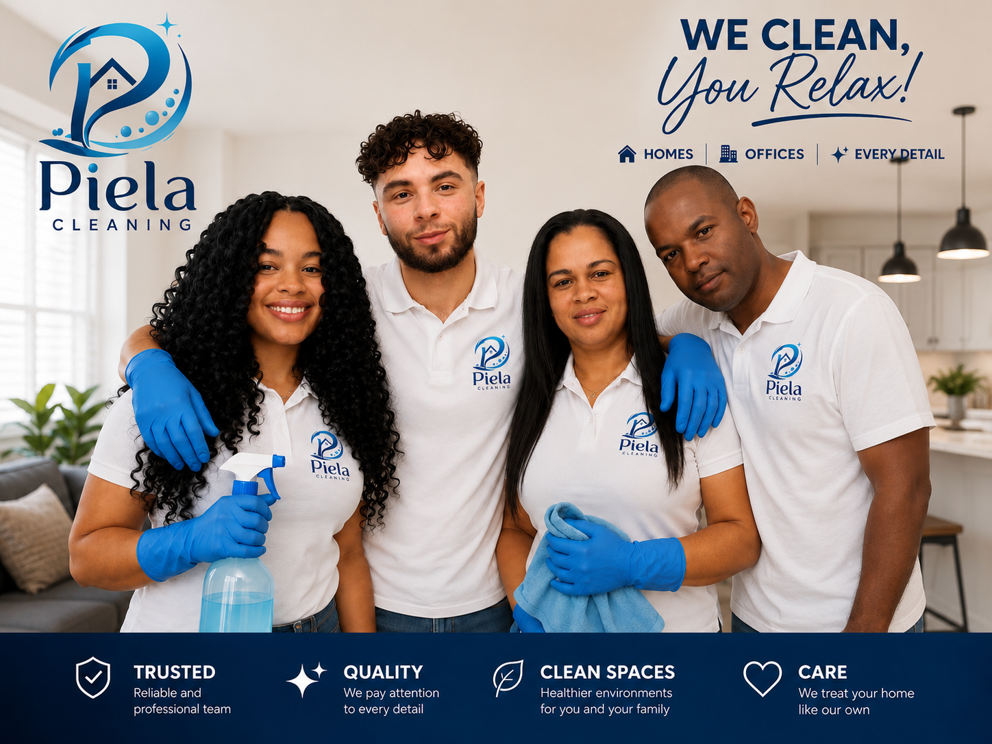 The Piela Cleaning team — friendly, professional cleaners ready to help